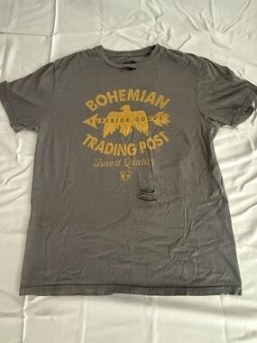 Bohemian Trading Post Gray Graphic Tee with Yellow Print